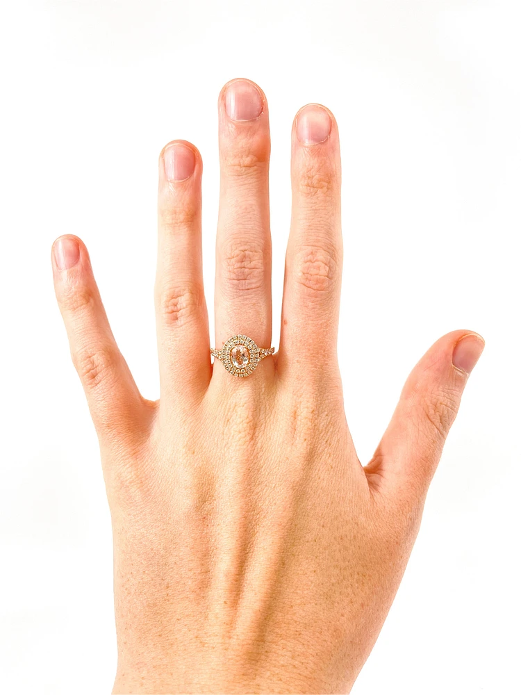 14K Rose Gold 0.75cttw Oval Cut Genuine Morganite & 0.45cttw Diamond Double Halo Ring, size 6.5
