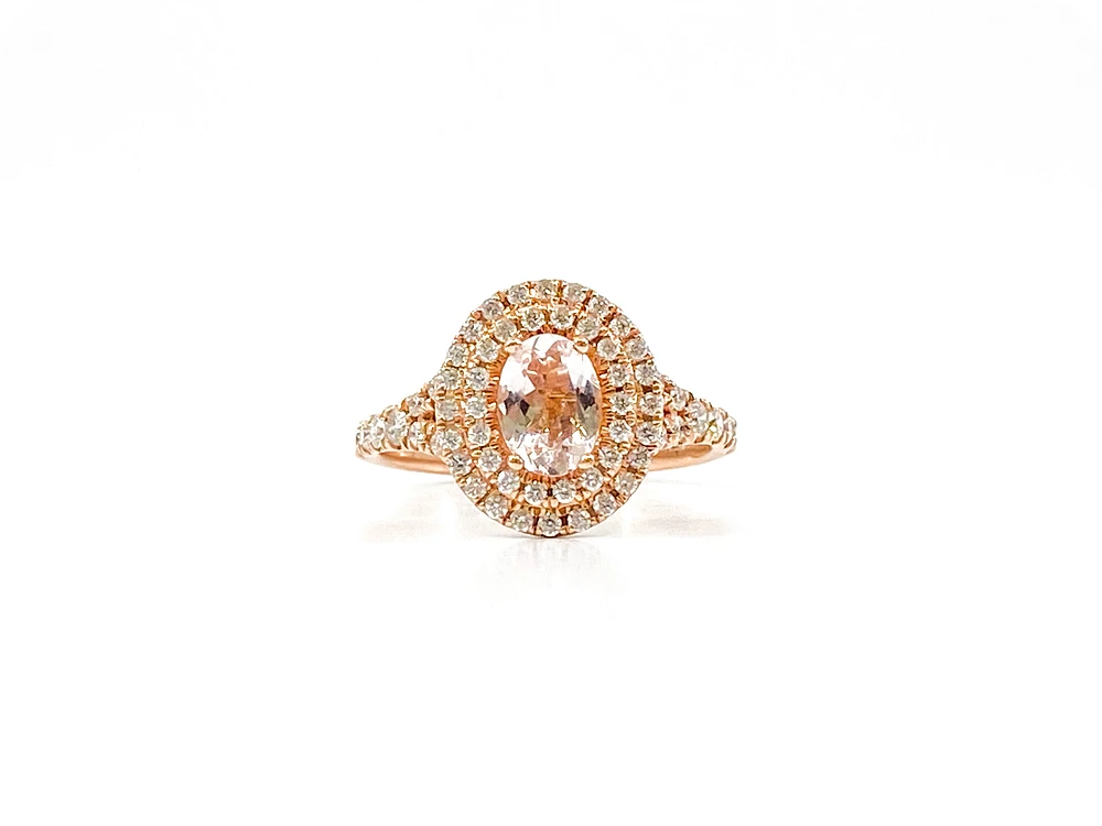 14K Rose Gold 0.75cttw Oval Cut Genuine Morganite & 0.45cttw Diamond Double Halo Ring, size 6.5