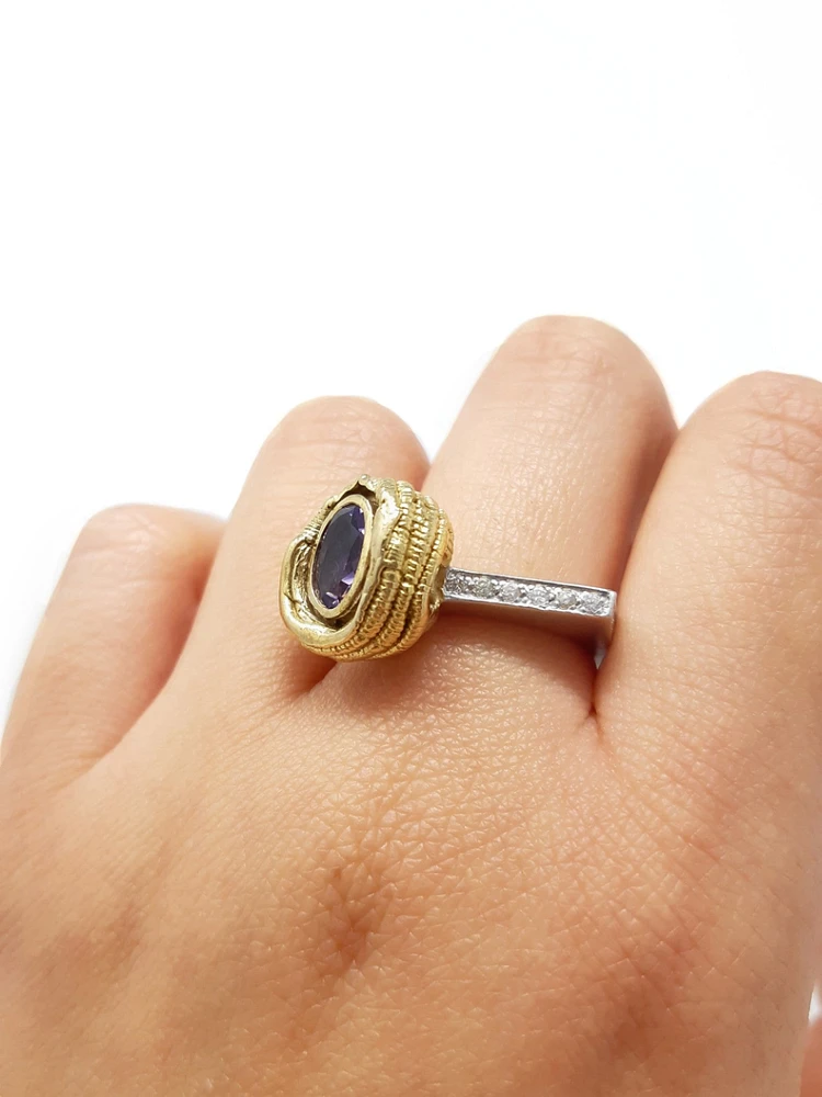 Silver & 18K Gold Plated 1.10cttw Amethyst and Cubic Zirconia Ring, size 8.5