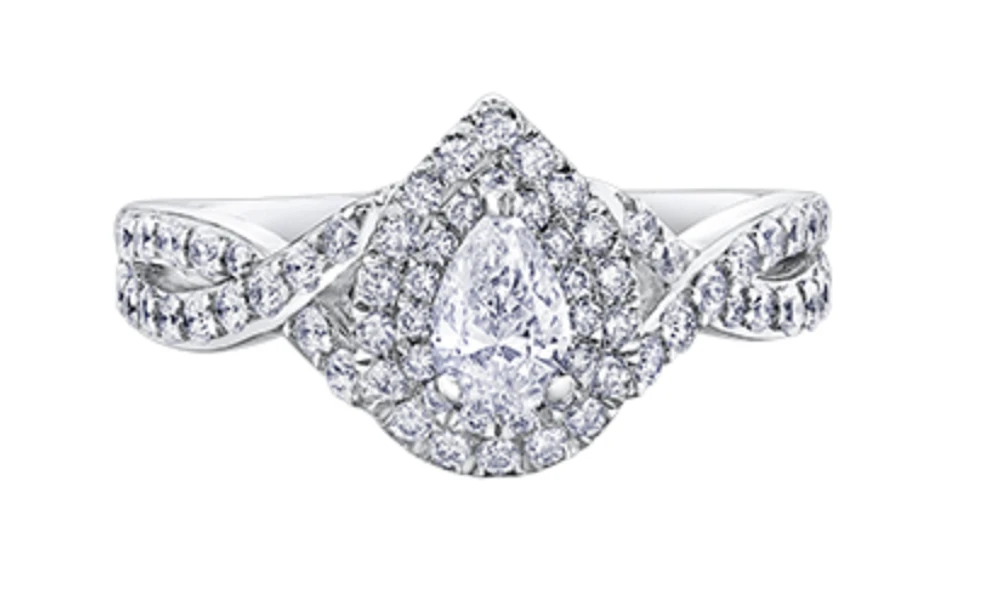 18K White Gold/Palladium Alloy (hypoallergenic) 1.00cttw Pear Shape Double Halo Diamond Ring