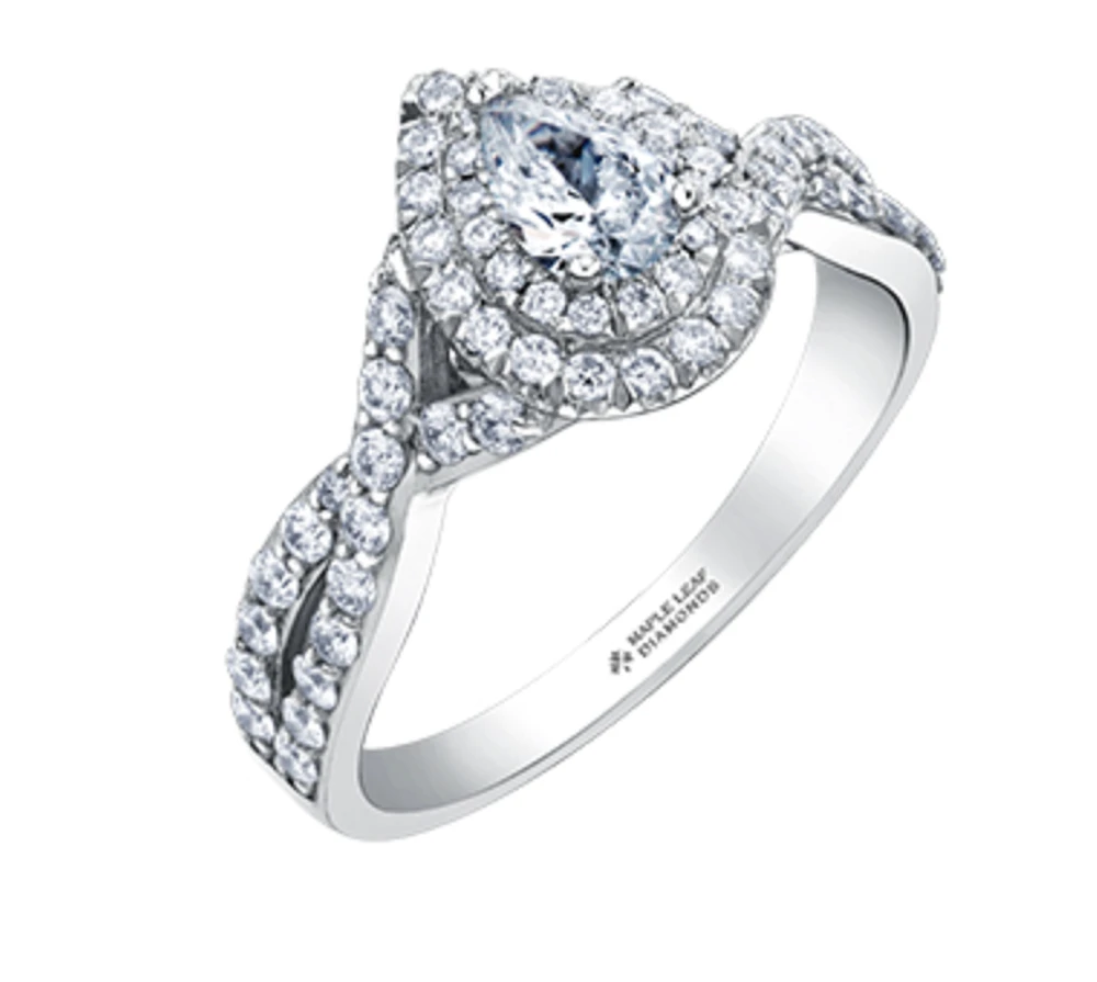 18K White Gold/Palladium Alloy (hypoallergenic) 1.00cttw Pear Shape Double Halo Diamond Ring