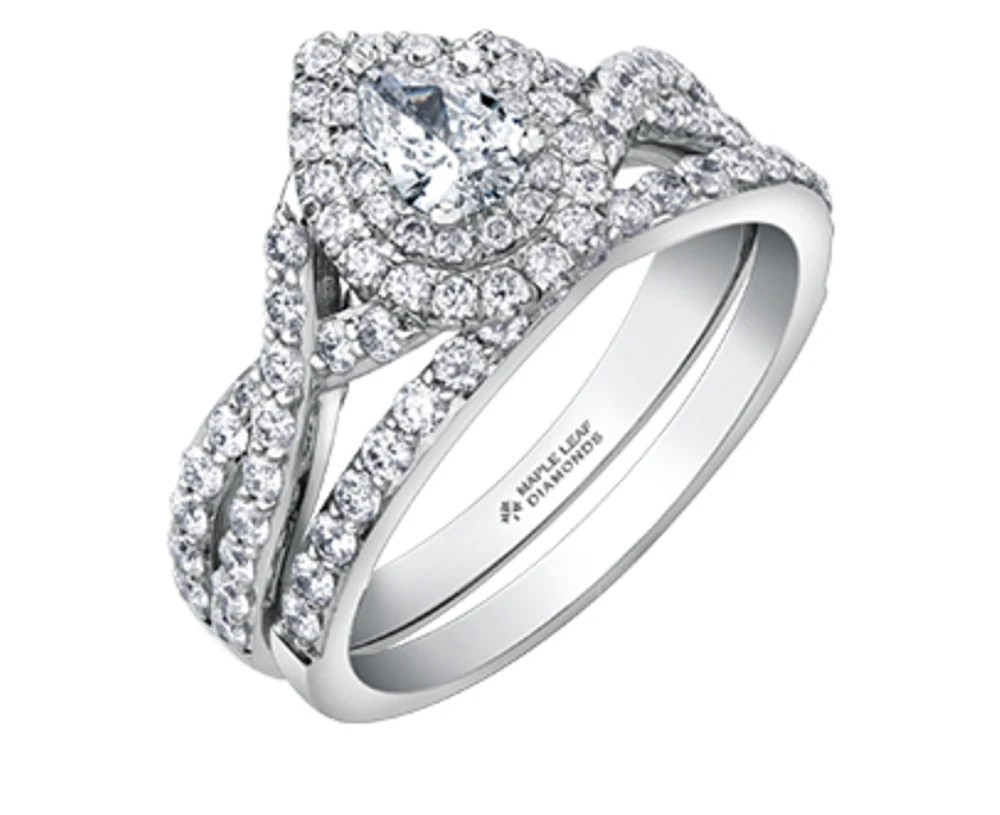 18K White Gold/Palladium Alloy (hypoallergenic) 1.00cttw Pear Shape Double Halo Diamond Ring