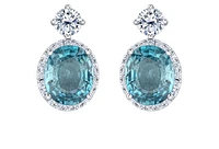 18K White Gold & Palladium Alloy(hypoallergenic) 12mmX10mm Genuine Oval Cut Blue Zircon and 2.08cttw Diamond Dangle Earrings