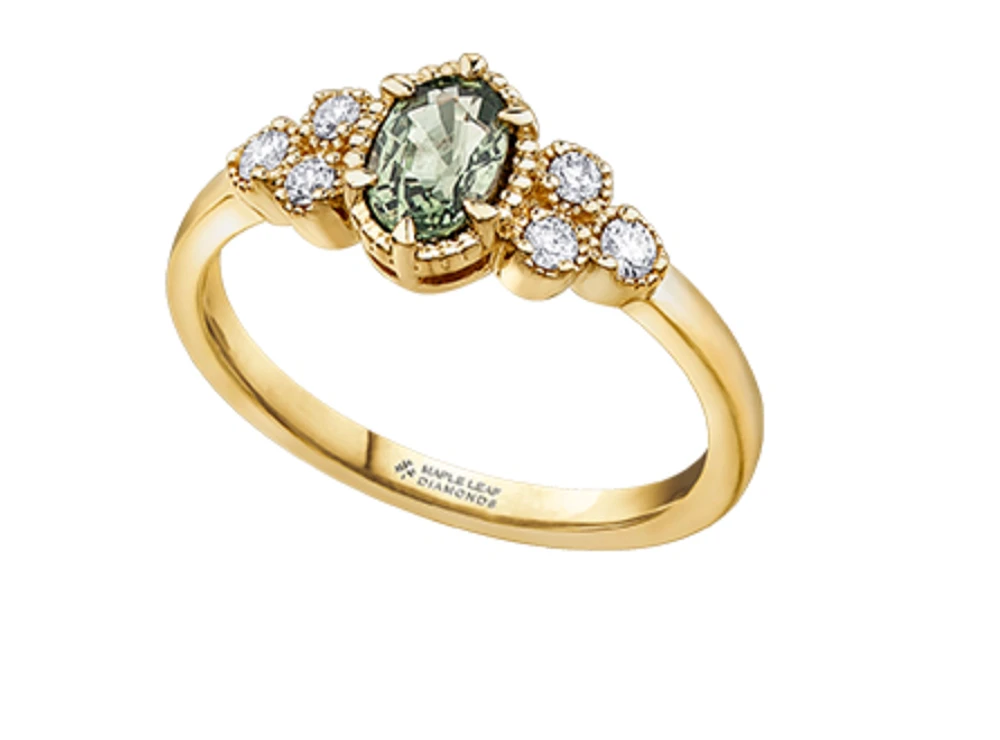 14K Yellow Gold Oval Green Sapphire & 0.14cttw Canadian Diamond Ring, 6.5