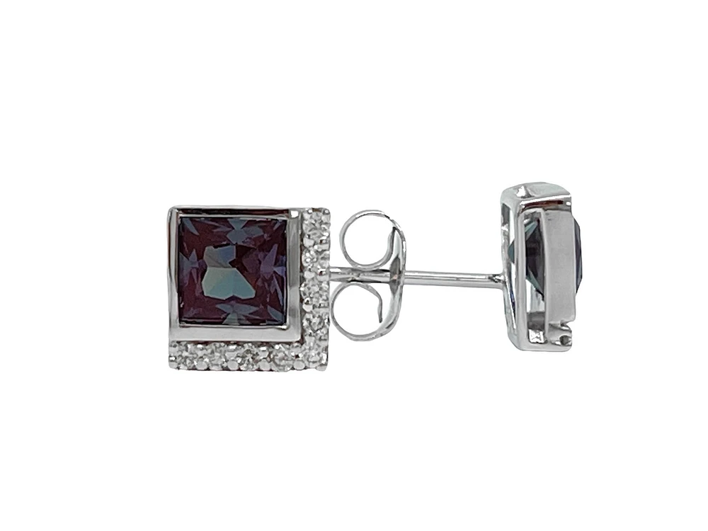 10K Gold Created Alexandrite and Diamond Earrings