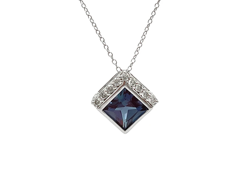10K White Gold 6.0mm Created Alexandrite & 0.14cttw Diamond Pendant, 17"