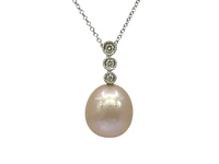10K White Gold Fresh Water Pearl and Diamond Necklace, 18"