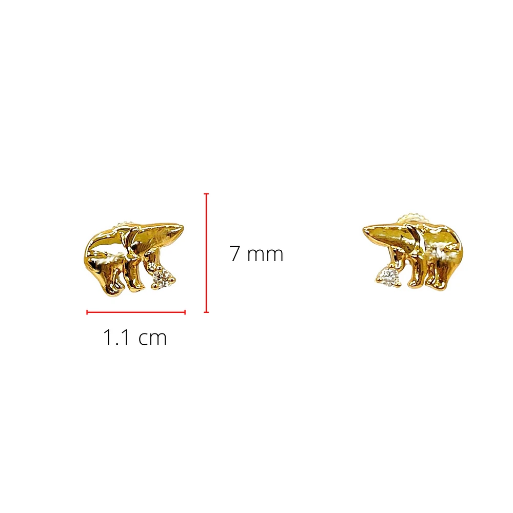 14K Yellow Gold 0.06cttw Diamond Ice Bear Earrings with Butterfly Backs - 11mm x 7mm