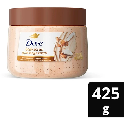 Gommage pour le corps  pour une peau soyeuse et lisse, Dove  au sucre brun et au beurre de noix de coco exfolie et restaure les nutriments naturels de la peau, 425g