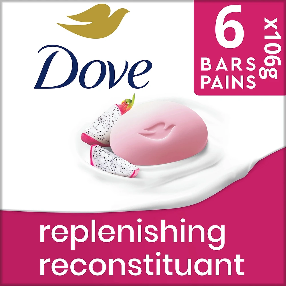 Dove Pain de savon pour une nutrition profonde, Reconstituant aux fruits du dragon et à la crème de noix de coco, pour une peau apaisée et revitalisée 106 g, paquet de 6