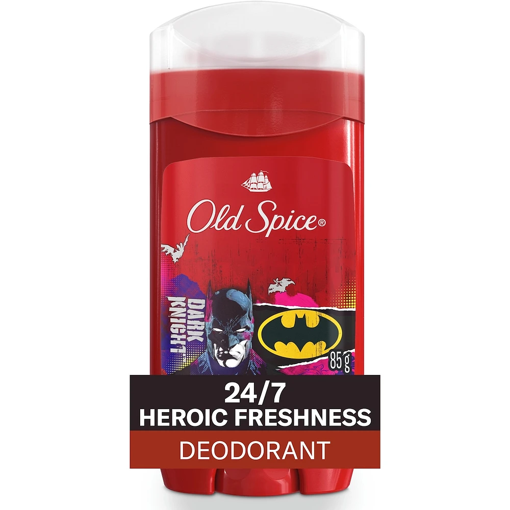 Désodorisant sans aluminium pour hommes, fraîcheur 24heures sur 24, 7jours sur 7, protection longue durée contre les odeurs, sentez comme un héros, Batman, parfum Cerise noire et crépuscule, 85g