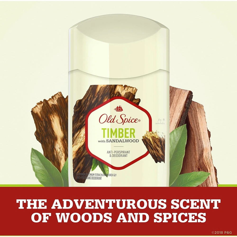 Antisudorifique et désodorisant invisible en bâton Old Spice Timber pour hommes avec parfum de bois de santal inspiré de la nature, 73 g chacun
