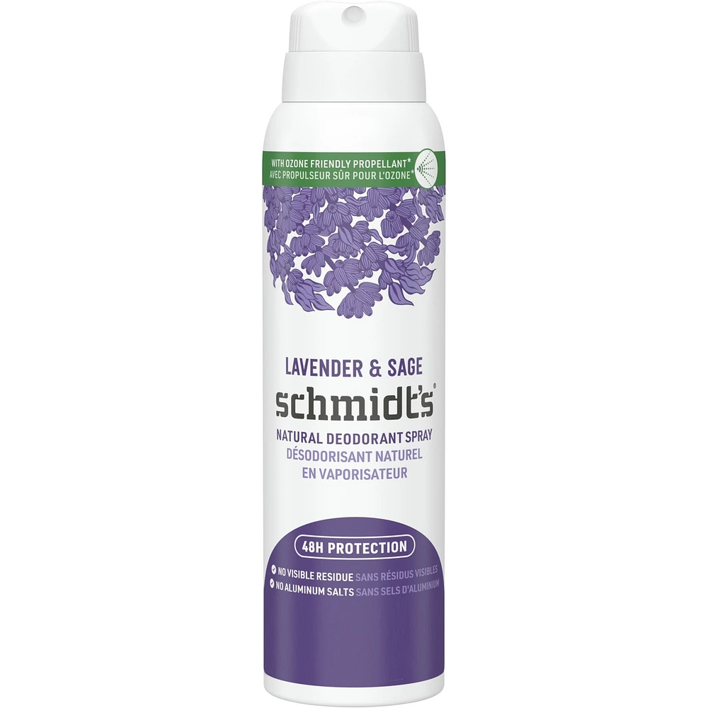 Désodorisant naturel en vaporisateur pour femmes et hommes Schmidt's Lavender & Sage pour 48 h de protection anti-odeurs, sans sels d'aluminium, sans traces blanches, sans cruauté, végétalien 91 g