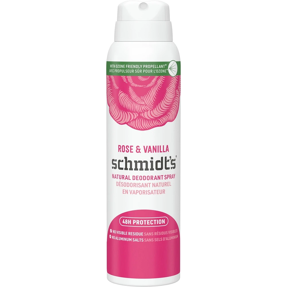 Désodorisant naturel en vaporisateur pour femmes et hommes Schmidt's Rose & Vanilla pour 48 h de protection anti-odeurs, sans sels d'aluminium, sans traces blanches, sans cruauté, végétalien 91 g