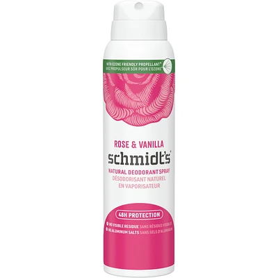 Désodorisant naturel en vaporisateur pour femmes et hommes Schmidt's  Rose & Vanilla pour 48 h de protection anti-odeurs, sans sels d'aluminium, sans traces blanches, sans cruauté, végétalien 91 g