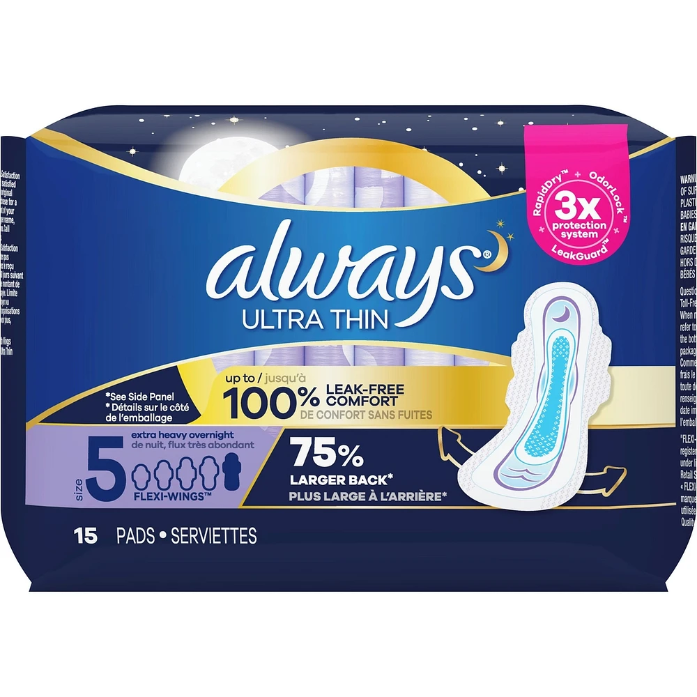 Serviettes Always Ultra Thin de nuit, flux très abondant, avec ailes taille 5 non parfumées, 15 serviettes