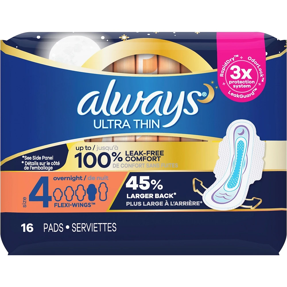 Serviettes Always Ultra Thin de nuit, avec ailes, taille 4, non parfumées, 16 serviettes