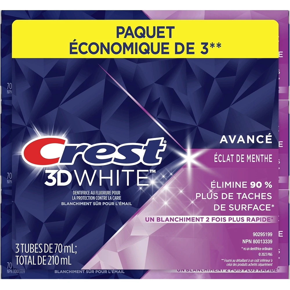 Dentifrice blanchissant Crest 3D White Avancé Éclat de menthe, 70 mL, paquet de 3