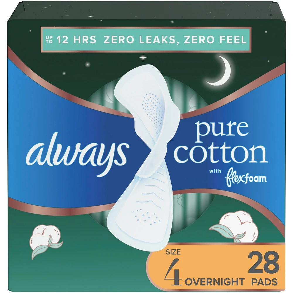 Serviettes Always Pure Cotton, avec ailes, pour femmes, taille 4, de nuit, non parfumées