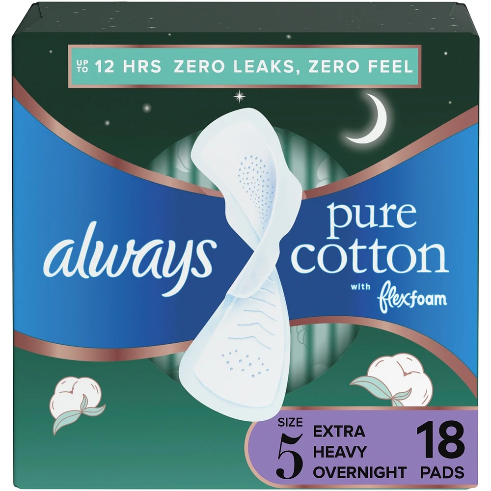 Serviettes Always Pure Cotton, avec ailes, pour femmes, taille 5, de nuit, flux très abondant, non parfumées