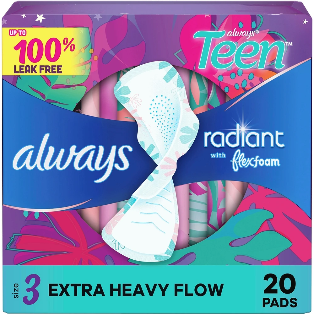 Serviettes Always Radiant, degré d’absorption très abondant, protection jusqu’à 100 % contre les fuites, avec ailes, avec FlexFoam, pour adolescentes, non parfumées