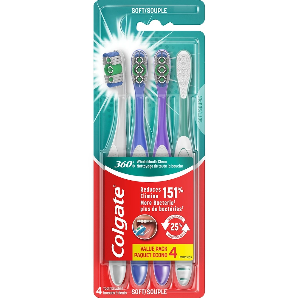4 brosses à dents souples Colgate 360 avec nettoie-langue et joues