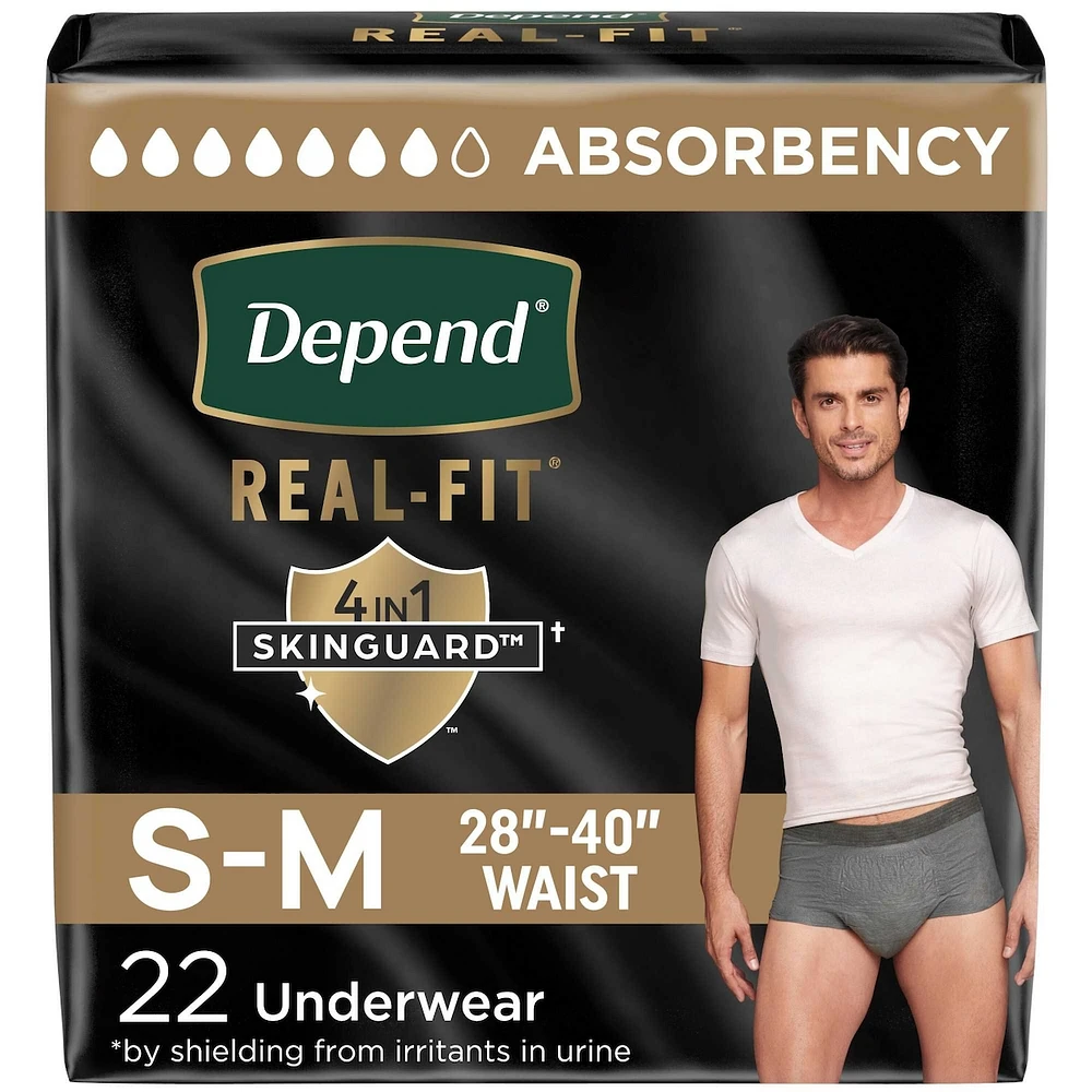 Sous-vêtement d’incontinence jetable Depend Real Fit pour hommes, absorption maximale, petit/moyen, gris
