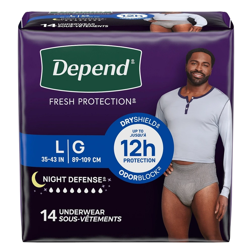 Sous-vêtements d’incontinence Depend Night Defense pour hommes, nuit, taille G, emballage de 14