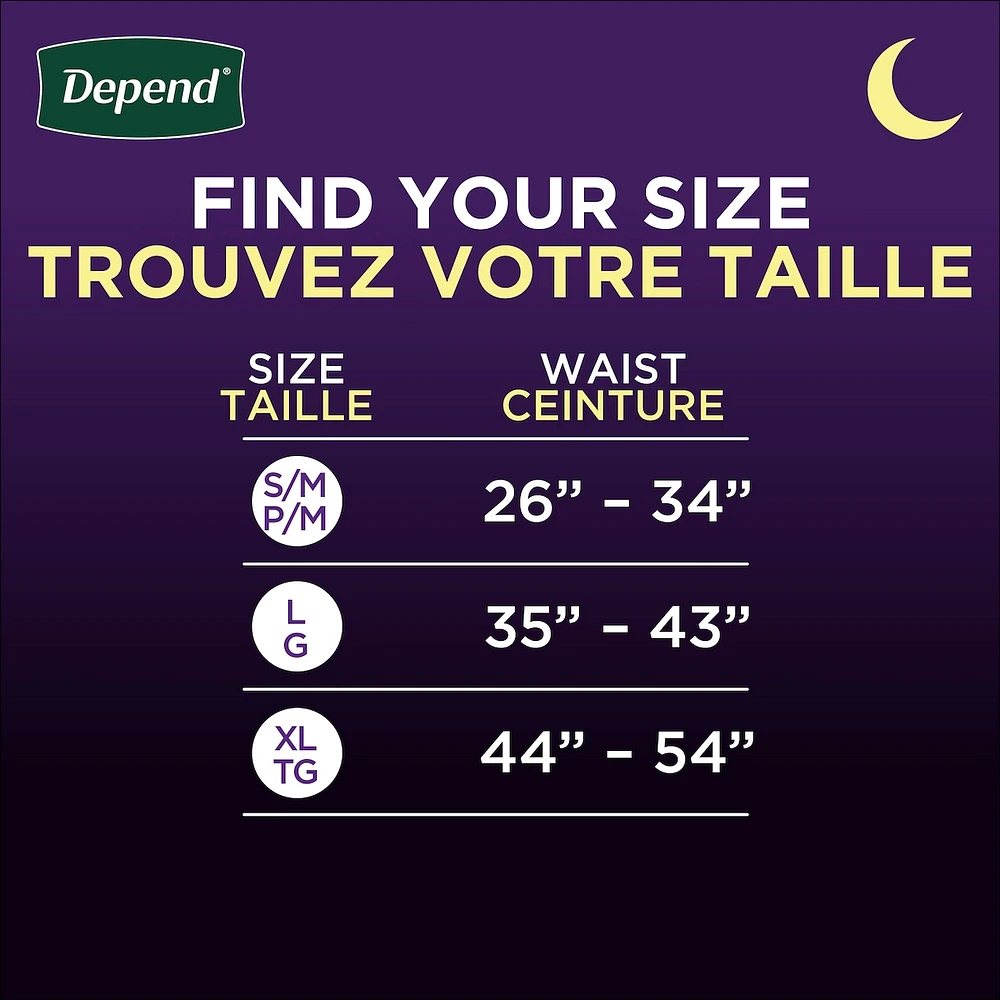 Sous-vêtements d’incontinence Depend Night Defense pour hommes, nuit, taille G, emballage de 14
