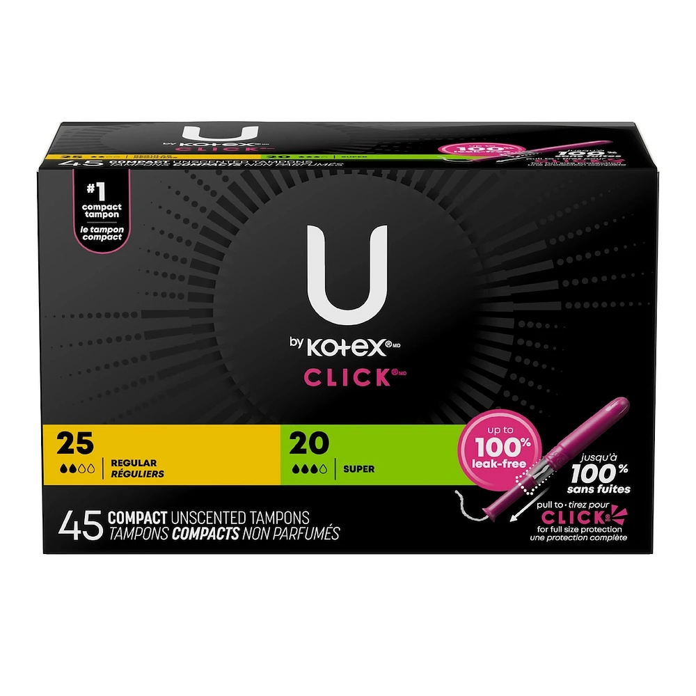Tampons compacts Click, emballage multiple, absorption régulière/super, emb. de 45