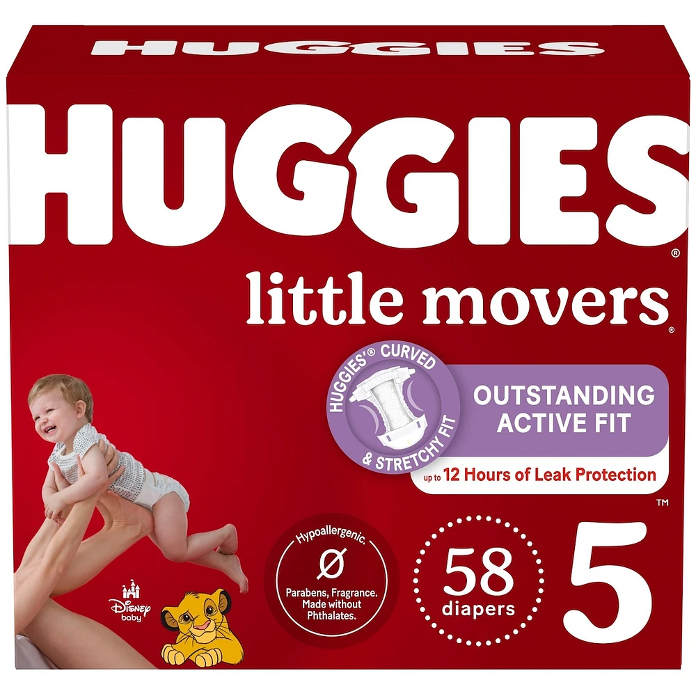 Little Movers Baby Diapers, Size 5 (27+ lbs), 58 Ct