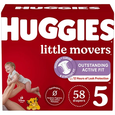 Little Movers Baby Diapers, Size 5 (27+ lbs), 58 Ct