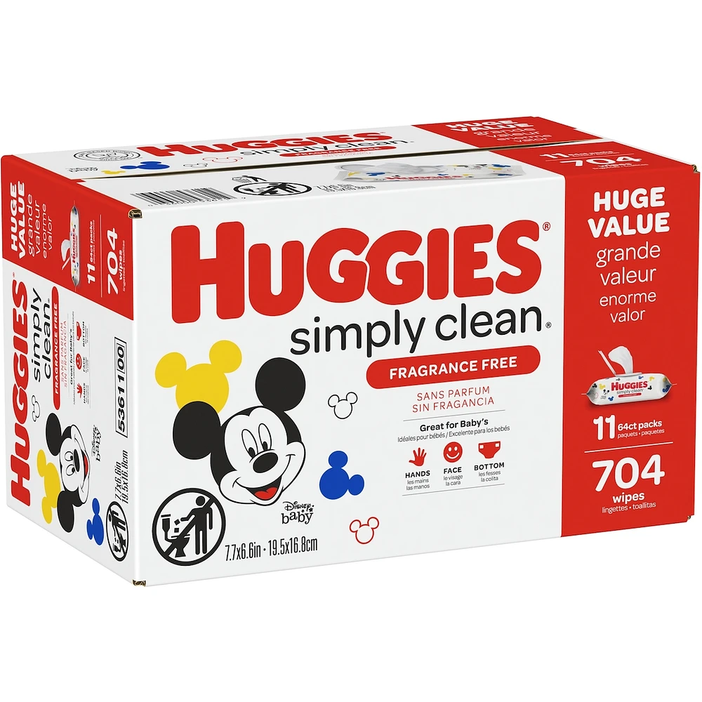 Huggies Simply Clean Unscented Baby Wipes, 11 Flip Lid Packs