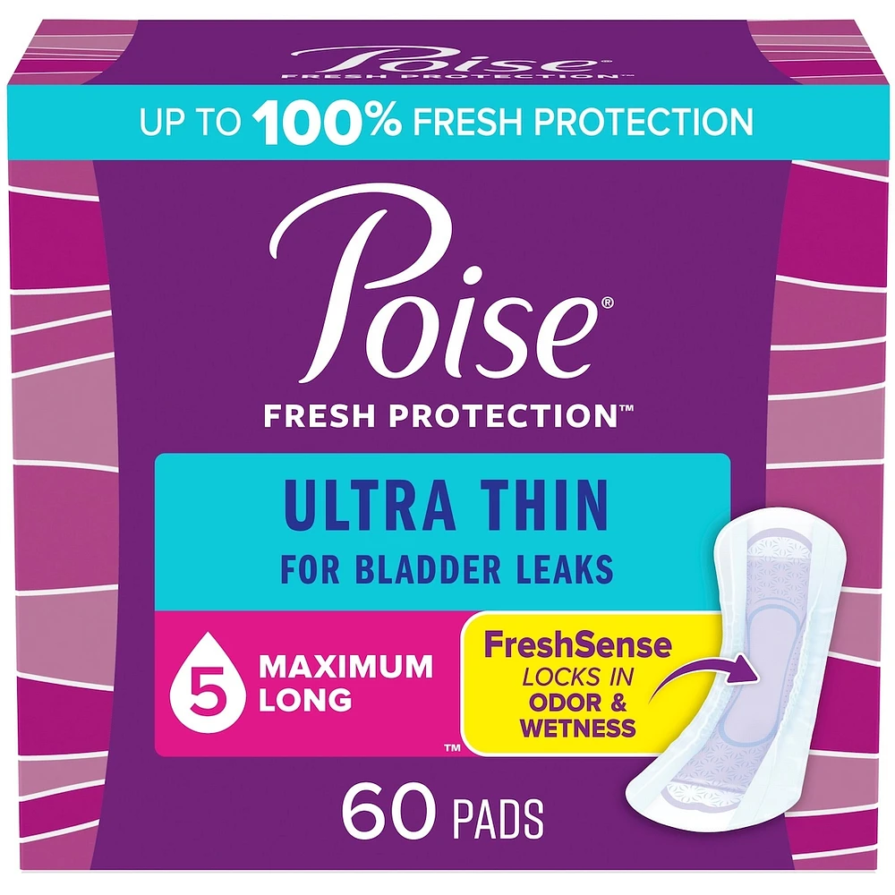 Serviettes ultra minces pour incontinence Poise avec ailes, absorption légère, ordinaires, 60 serviettes
