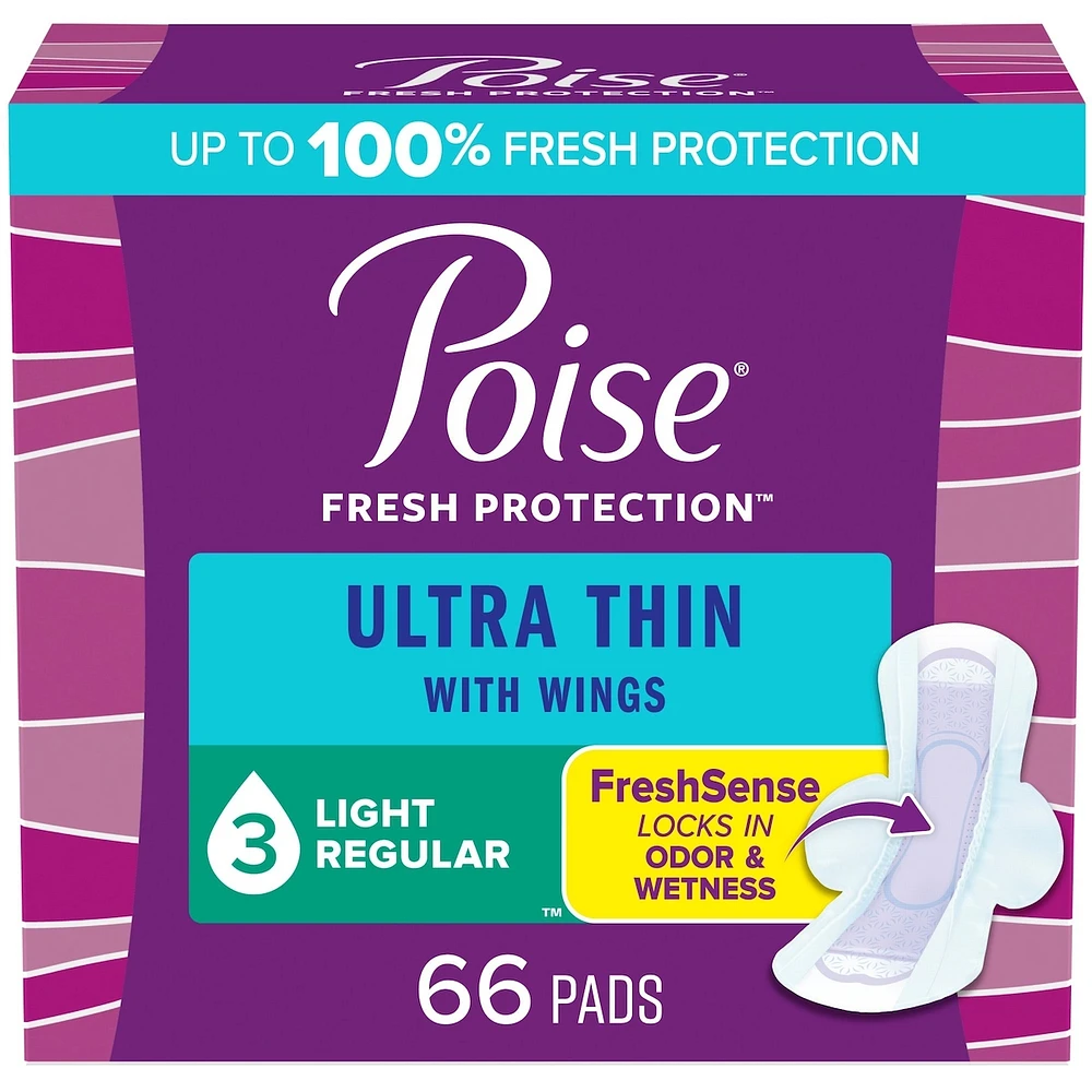 Serviettes ultra minces pour incontinence Poise avec ailes, absorption légère, ordinaires, 66 serviettes