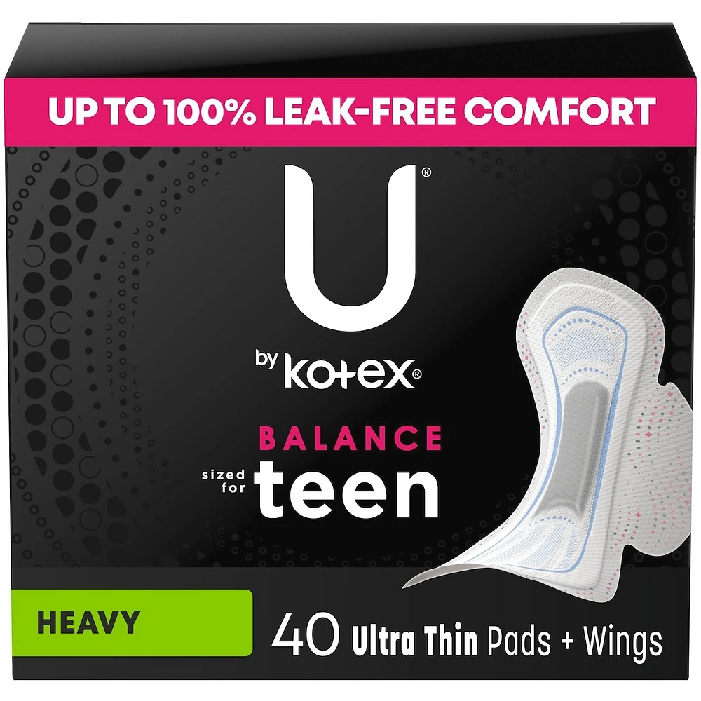 Serviettes ultraminces U by Kotex Balance avec ailes pour adolescentes, absorption accrue