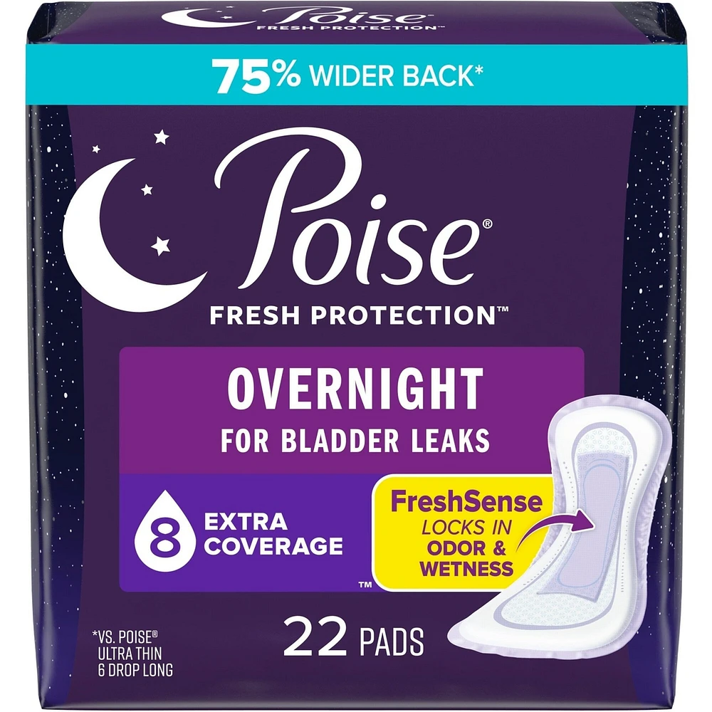 Serviettes d’incontinence ultraminces Poise pour femmes, degré d’absorption 8, absorption pour la nuit, longueur de la couverture extra