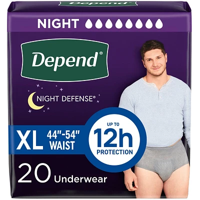 Sous-vêtements d’incontinence pour adultes Depend Night Defense pour hommes, jetables, de nuit, très grands, gris