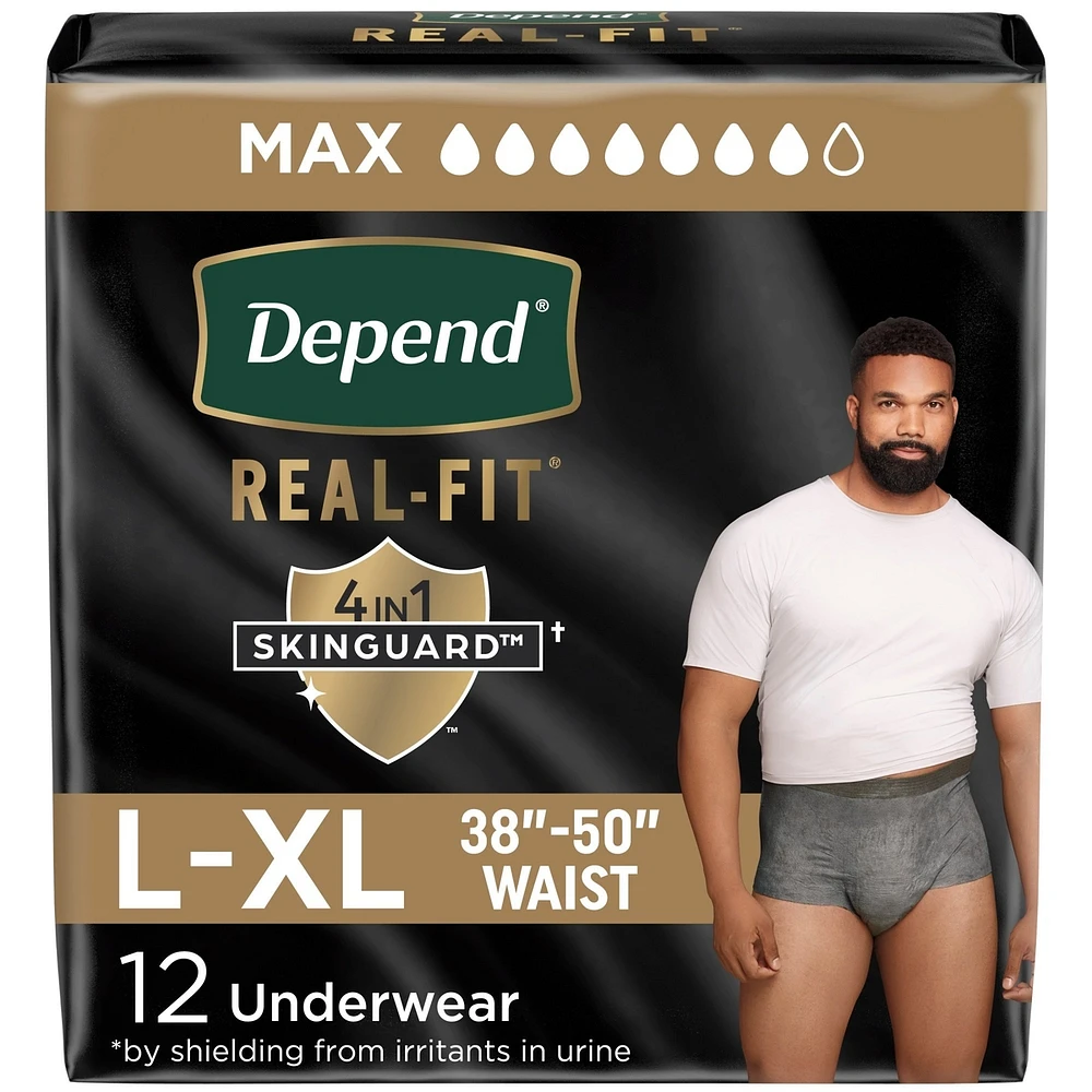 Depend Real Fit Incontinence Underwear for Men, Disposable, Maximum Absorbency, Large/Extra-Large, Black and Grey