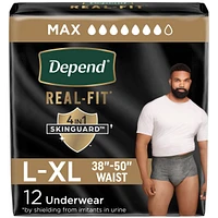 Depend Real Fit Incontinence Underwear for Men, Disposable, Maximum Absorbency, Large/Extra-Large, Black and Grey