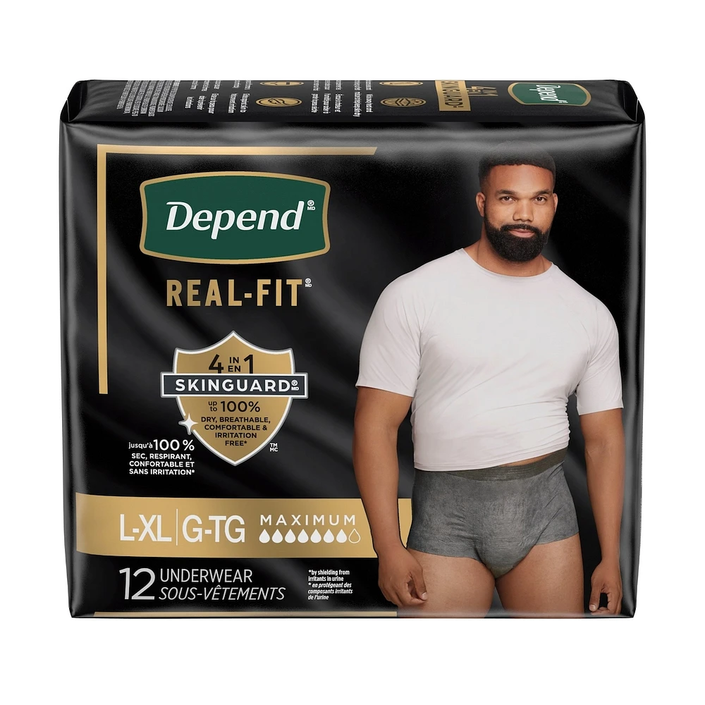 Depend Real Fit Incontinence Underwear for Men, Disposable, Maximum Absorbency, Large/Extra-Large, Black and Grey