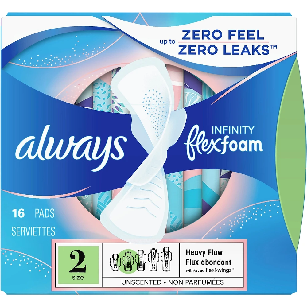Serviettes Infinity FlexFoam pour femmes, taille 2, flux abondant, avec ailes, 16 unités