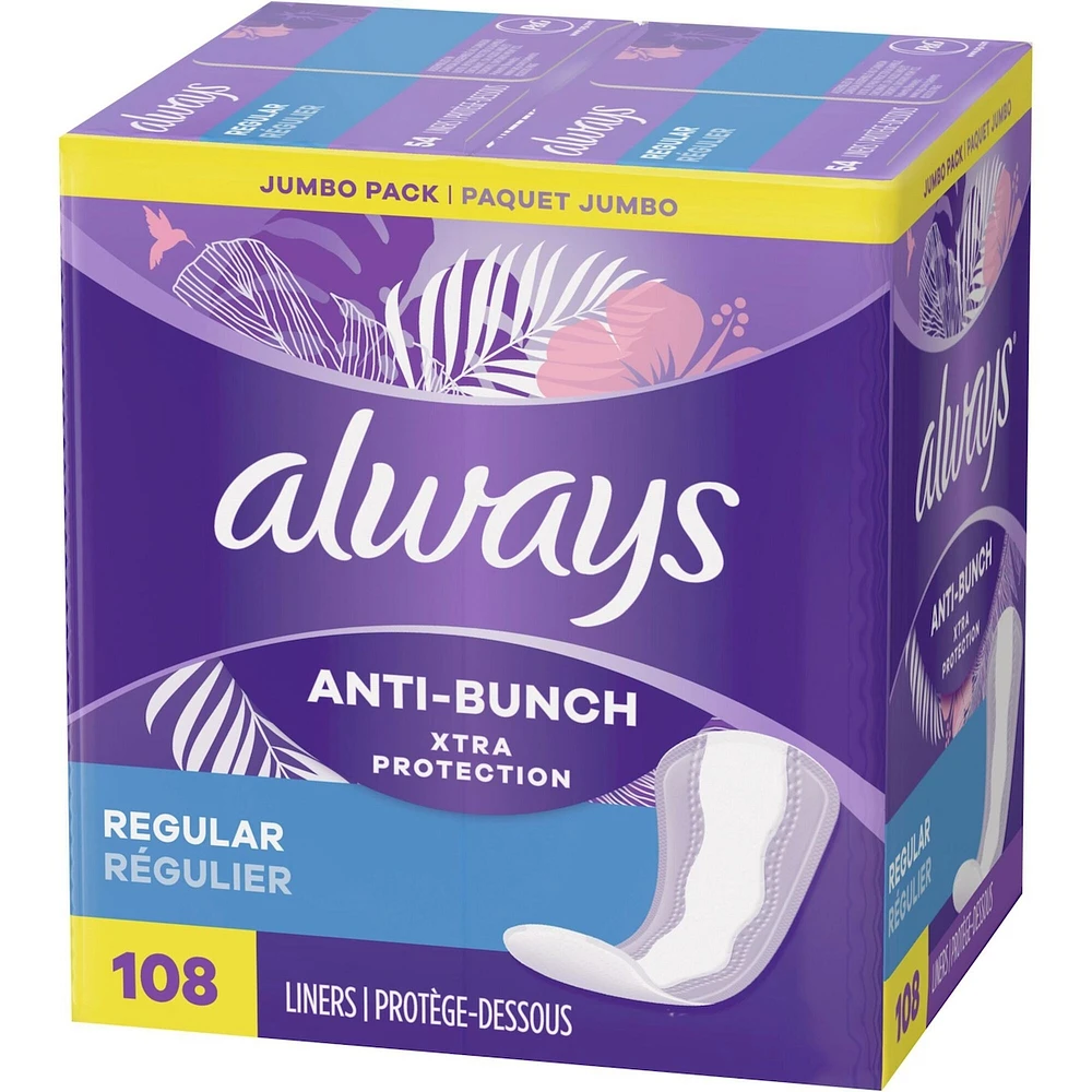 Protège-dessous quotidiens Always Anti-Bunch Xtra Protection, non parfumés, régulier, Anti-Bunch aide à rester confortable, 108 u