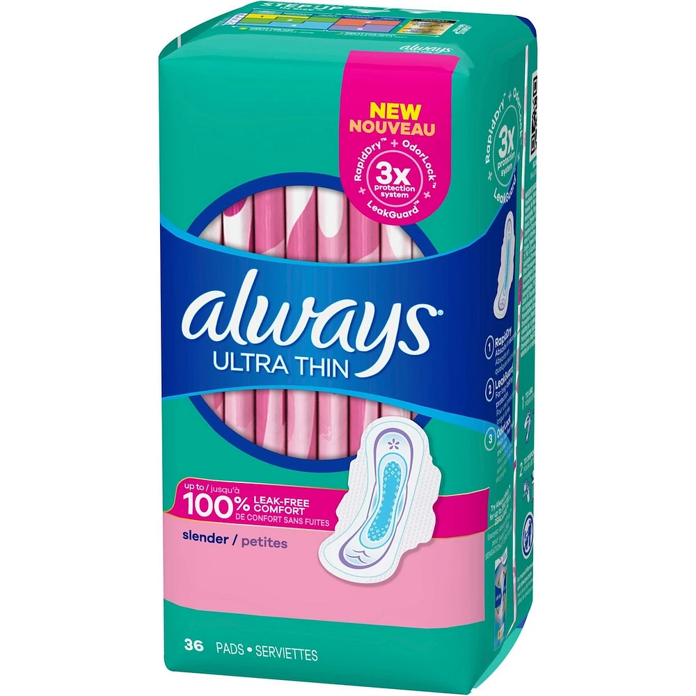 Serviettes Always Ultra Thin Petites avec ailes, non parfumées, 36 serviettes