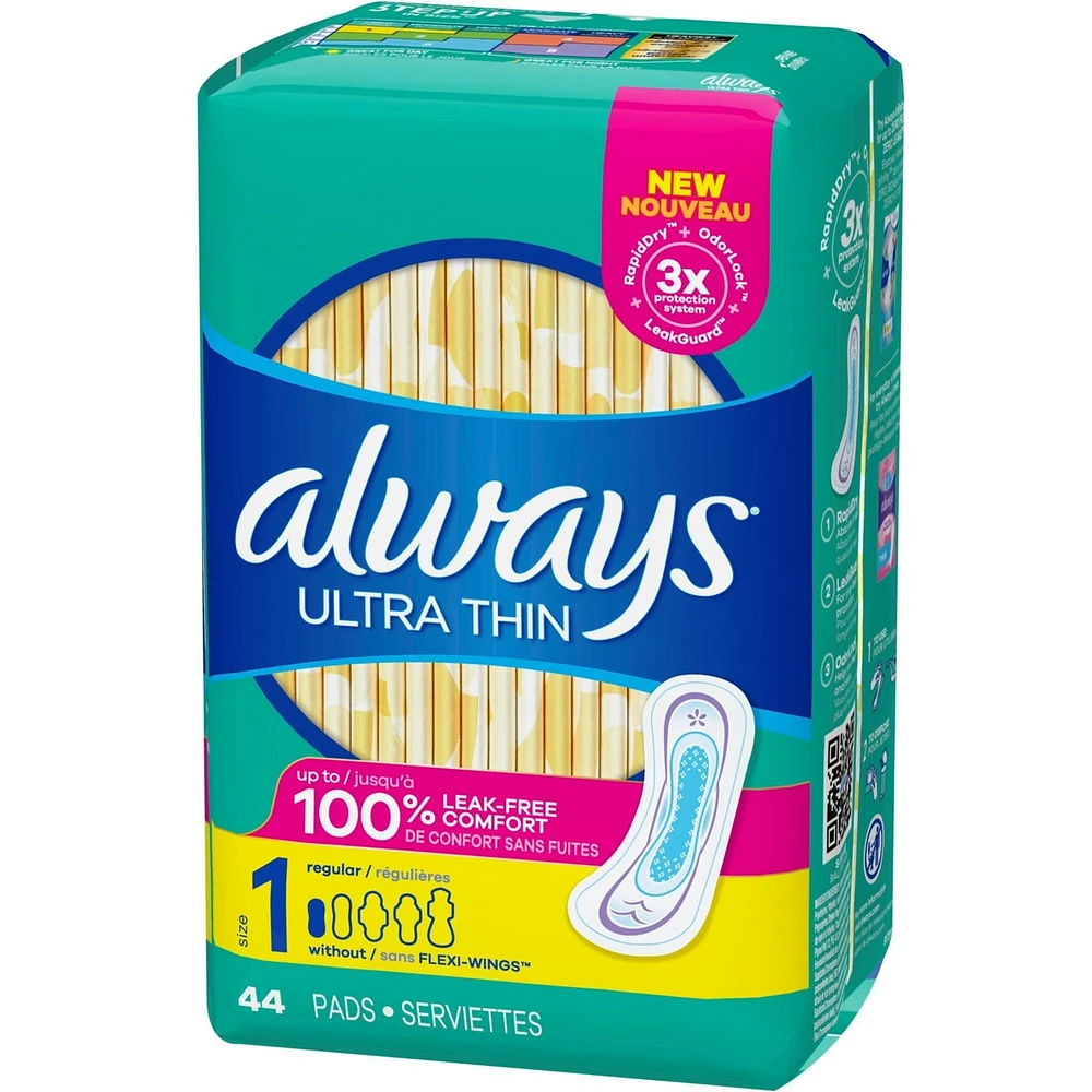Serviettes Always Ultra Thin, régulières sans ailes, taille 1, non parfumées, 44 serviettes