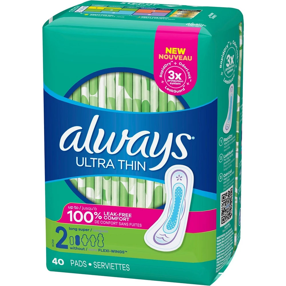 Serviettes Always Ultra Thin, longues sans ailes, taille 2, non parfumées