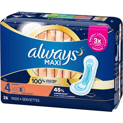 Always Maxi Pads Size 4 Overnight Absorbency Unscented with Wings, 28 Count