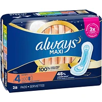 Always Maxi Pads Size 4 Overnight Absorbency Unscented with Wings, 28 Count
