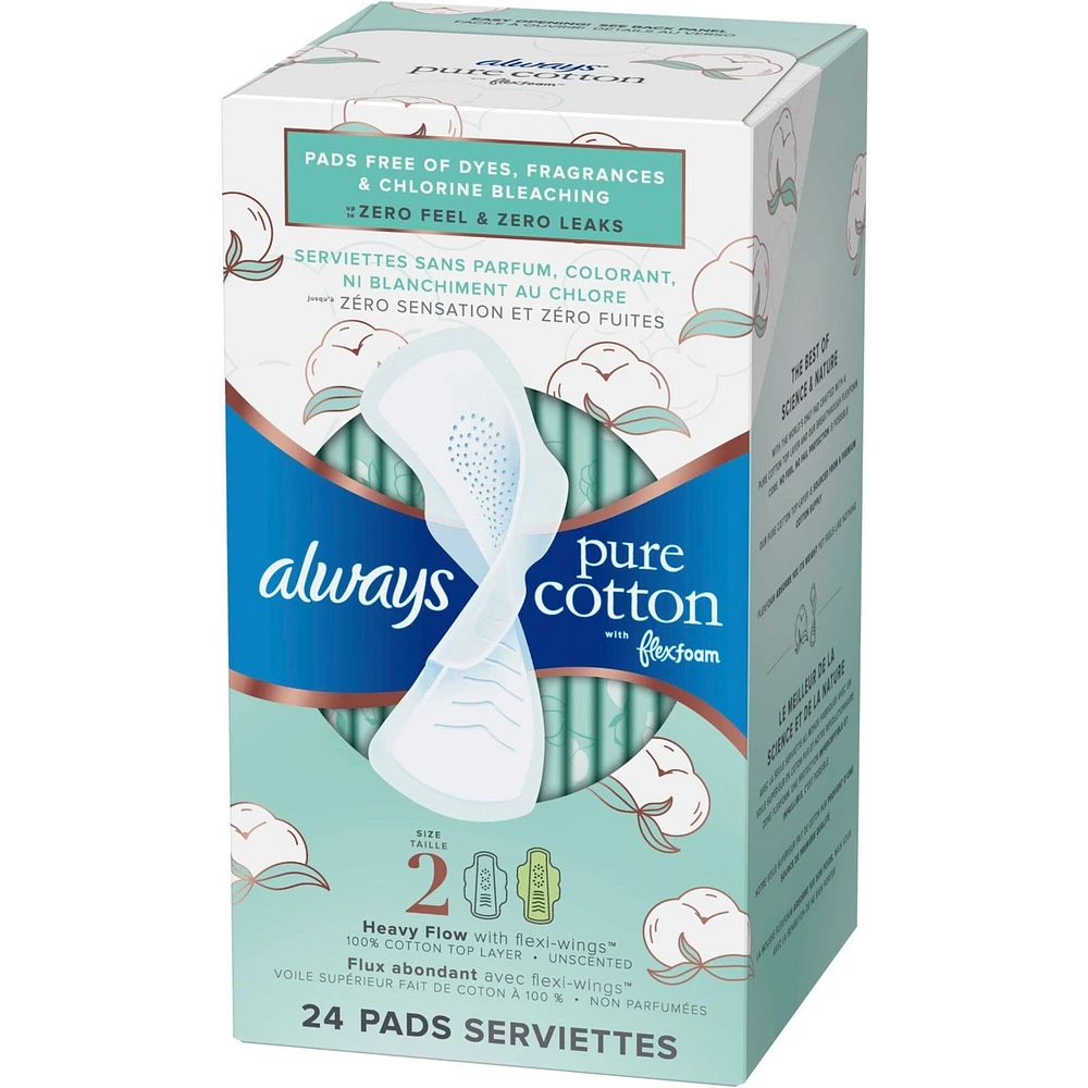 Serviettes Always Pure Coton avec FlexFoam, flux abondant, taille 2, 24 serviettes