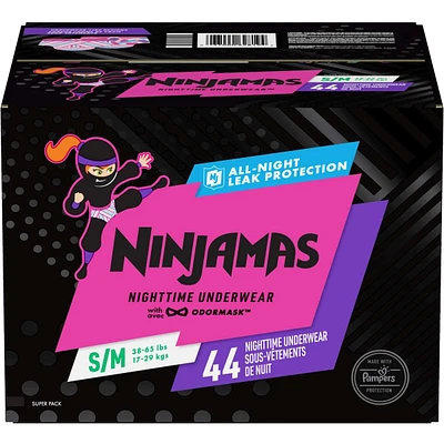 Ninjamas Nighttime Bedwetting Underwear Girl Size S/M 44 Count